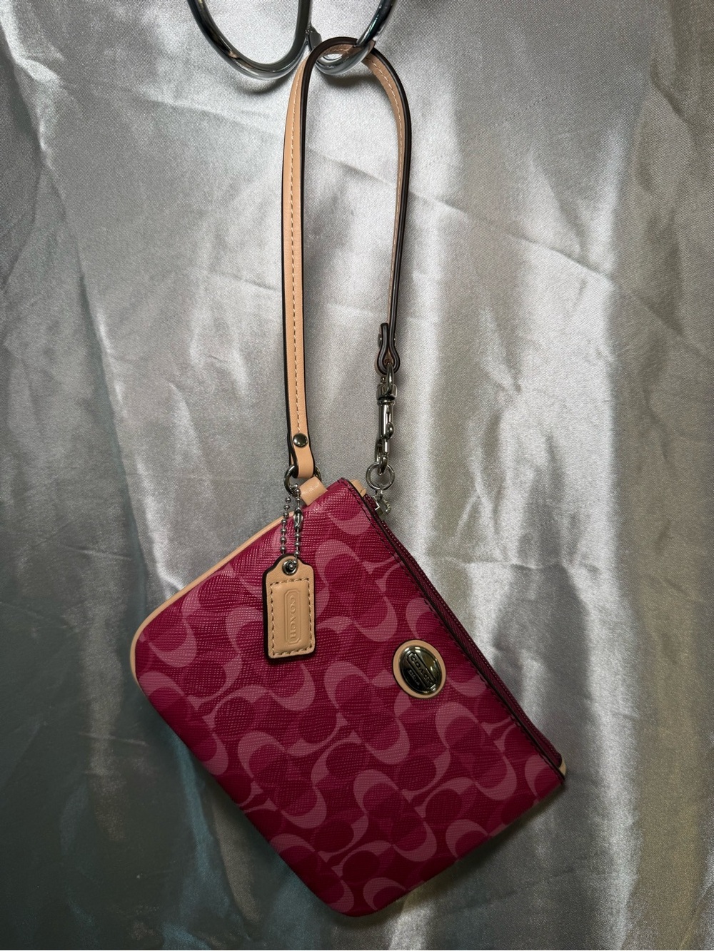 Coach Signature Canvas Wristlet in Fuchsia with Tan Strap